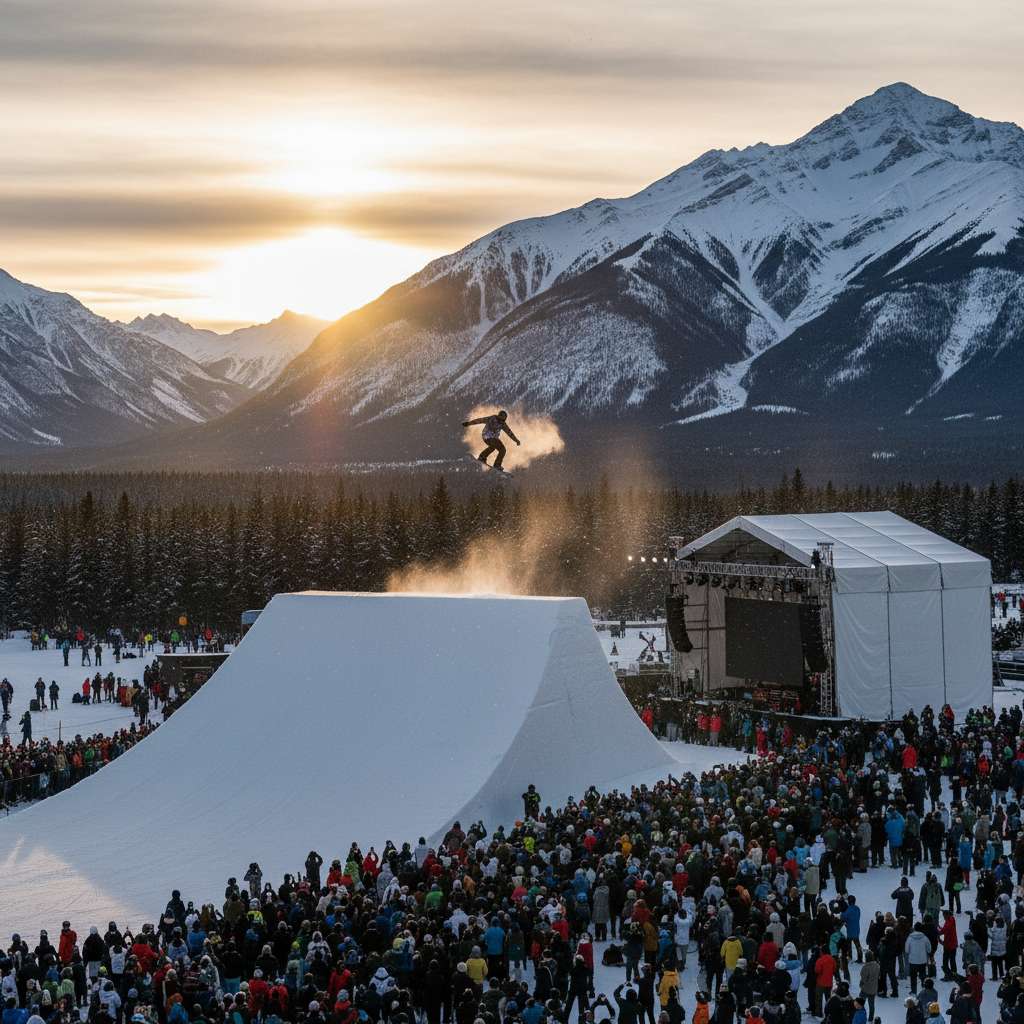 Snowboarder mid-air at Banff Big Air competition