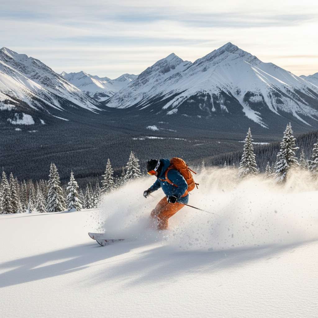 Skier carving through fresh powder in the Canadian Rockies